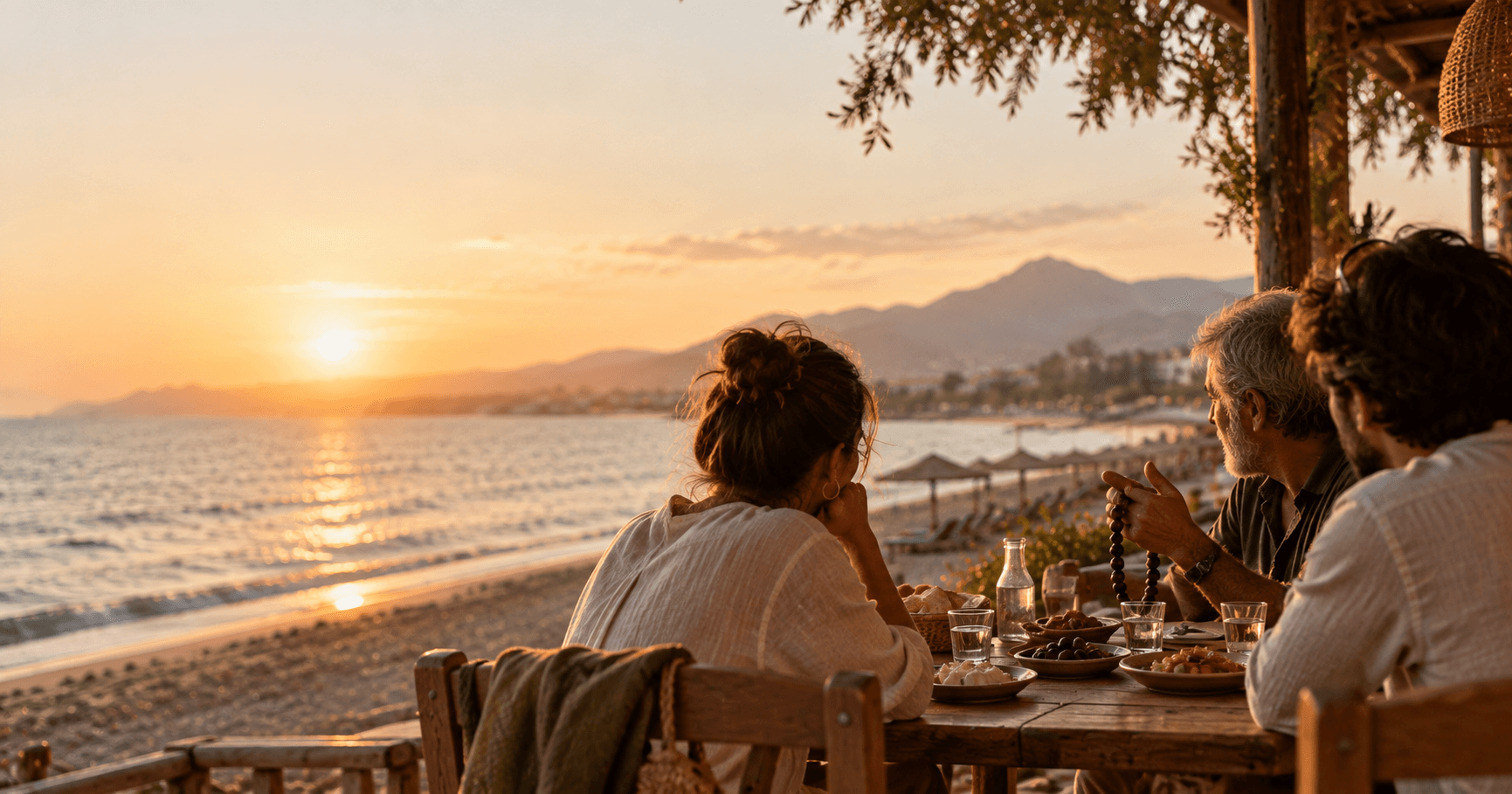 Locals and visitors share meze like old friends at a seaside taverna in Ammoudara, Heraklion, Crete, at sunset.